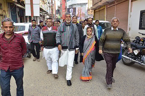 Nobel Peace Prize recipient Kailash Satyarthi, centre, arrives to attend the funeral of National President of the Bachpan Bachao Andolan Ramashankar Chaurasia, in Mirzapur, Uttar Pradesh.