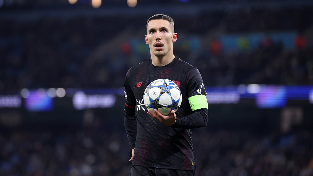 Bayer Leverkusen star Alejandro Grimaldo during the UEFA Champions League match against Manchester City on November 26, 2025. - null