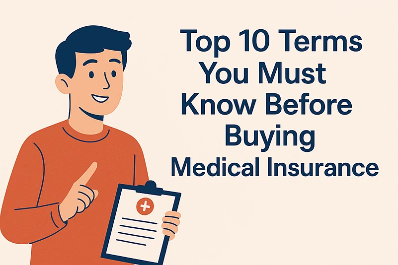 Illustration: Man pointing at a clipboard with a cross, with text about Medical Insurance Terms