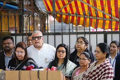 TMC MPs Derek O'Brien, Mahua Moitra, Satabdi Roy and other party leaders address the media after a meeting with the full bench of the Election Commission, outside Nirvachan Sadan, in New Delhi.