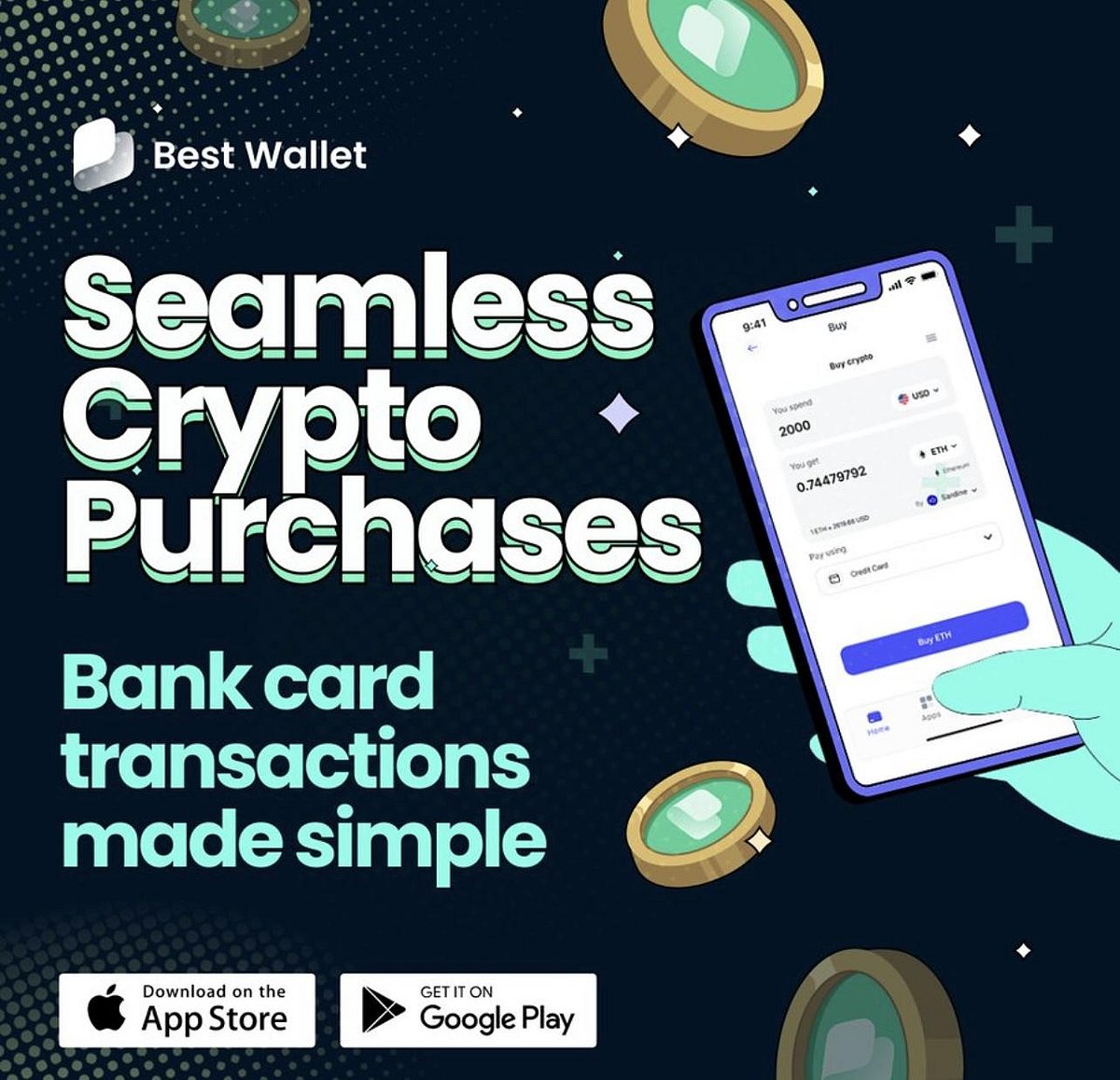 Best Wallet app showing seamless crypto purchases with bank card support on a blue theme.