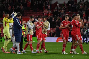 | Photo: AP/Rui Vieira : Nottingham Forest players celebrate on the pitch after the end of the Europa League opening phase soccer match between Nottingham Forest and Malmo in Nottingham, England.