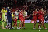 Nottingham Forest 3-0 FC Malmo, UEFA Europa League 2025-26: NFC Win In 1979 European Final Rematch | Photo: AP/Rui Vieira : Nottingham Forest players celebrate on the pitch after the end of the Europa League opening phase soccer match between Nottingham Forest and Malmo in Nottingham, England.
