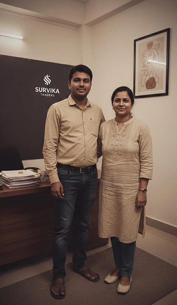 Man and woman in office with Survika Traders logo on the wall