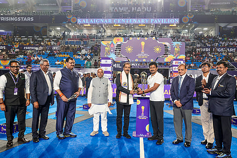 Tamil Nadu Deputy Chief Minister and Sports Minister Udhayanidhi Stalin during the FIH Hockey Men's Junior World Cup 2025, at Mayor Radhakrishnan Hockey Stadium, in Chennai, Tamil Nadu.