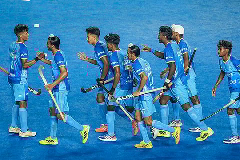 Indian players celebrate after scoring a goal during the FIH Hockey Men's Junior World Cup 2025 match against Chile, at Mayor Radhakrishnan Hockey Stadium, in Chennai, Tamil Nadu.