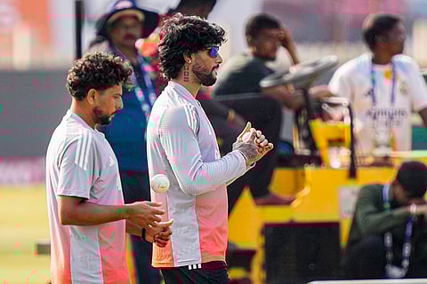 India’s Kuldeep Yadav and Tilak Varma during a training session on the eve of the first ODI cricket match of a series between India and South Africa, in Ranchi, Jharkhand.