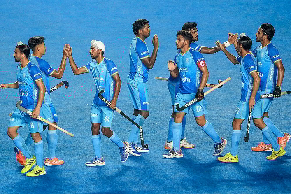 Chennai: Indian players celebrate after scoring a goal during the FIH Hockey Men's Junior World Cup 2025 match against Chile, at Mayor Radhakrishnan Hockey Stadium, in Chennai, Tamil Nadu. - | Photo: PTI/R SenthilKumar