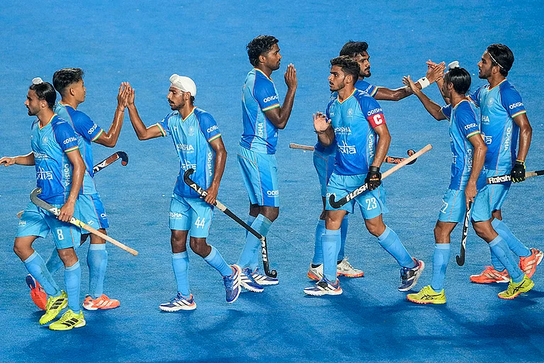 Chennai: Indian players celebrate after scoring a goal during the FIH Hockey Men's Junior World Cup 2025 match against Chile, at Mayor Radhakrishnan Hockey Stadium, in Chennai, Tamil Nadu. - | Photo: PTI/R SenthilKumar