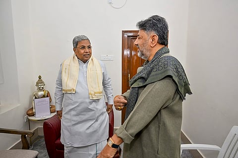 Karnataka Chief Minister Siddaramaiah with Deputy CM D K Shivakumar during a breakfast meeting amid the ongoing leadership issue in the state, at the former's residence 'Kaveri', in Bengaluru.