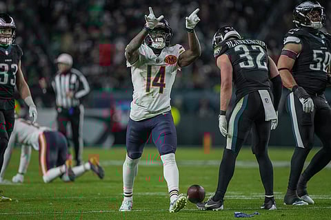 Chicago Bears wide receiver Olamide Zaccheaus (14) reacts after a first down catch during the second half of an NFL football game against the Philadelphia Eagles in Philadelphia. 