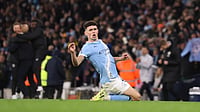 Phil Foden celebrates his second goal against Leeds