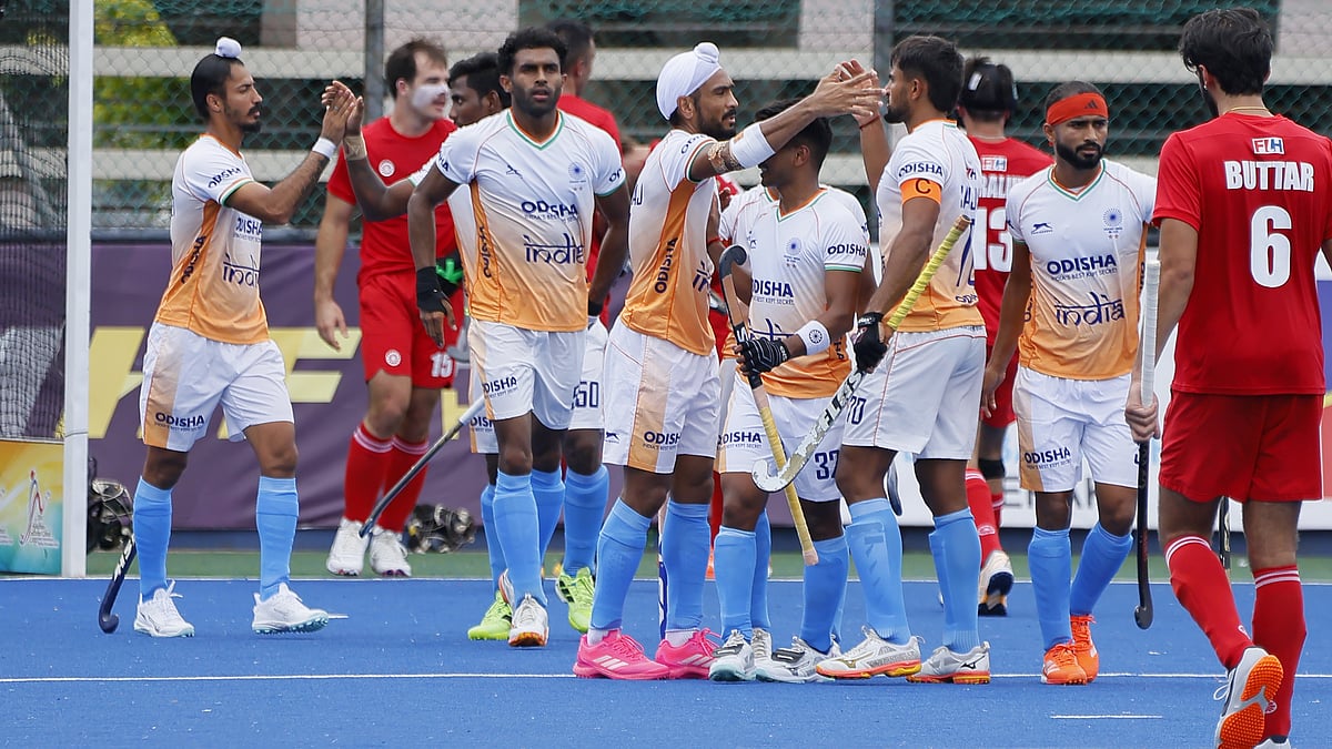 India celebrate a goal against Canada in their Sultan Azlan Shah Cup hockey clash in Ipoh, Malaysia. - Hockey India