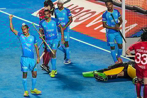 India's Dilraj Singh (left) celebrates after scoring a goal during the FIH Hockey Men's Junior World Cup 2025 match against Chile, at Mayor Radhakrishnan Hockey Stadium, in Chennai, Tamil Nadu.