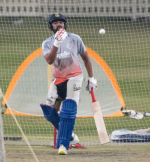 Indian player Rohit Sharma bats during a training session ahead of the first ODI cricket match against South Africa, in Ranchi, Jharkhand.