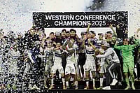 | Photo: AP/Denis Poroy : Vancouver Whitecaps players celebrate after winning the MLS Western Conference final soccer match against San Diego FC in San Diego. 