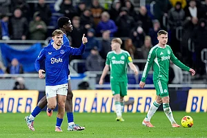 | Photo: Peter Byrne/PA via AP : Everton's Kiernan Dewsbury-Hall, left, celebrates scoring during the English Premier League soccer match between Everton and Newcastle United in Liverpool, England.
