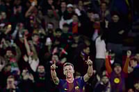 Barcelona 3-1 Alaves, La Liga 2025-26: Dani Olmo Scores Double In Blaugrana Win | Photo: AP/Joan Monfort : Barcelona's Dani Olmo celebrates after scoring his side's third goal during a Spanish La Liga soccer match between Barcelona and Alaves, in Barcelona, Spain.