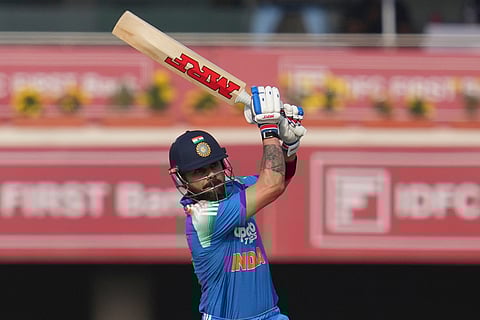 India's Virat Kohli plays a shot during the first One Day International match between India and South Africa in Ranchi.