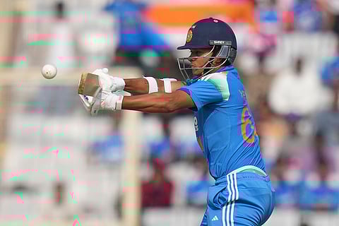 India's Yashasvi Jaiswal plays a shot during the first One Day International match between India and South Africa in Ranchi.