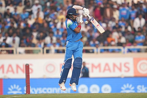 India's captain KL Rahul plays a shot during the first One Day International match between India and South Africa in Ranchi.