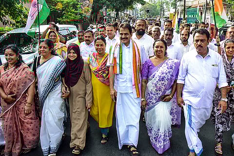 Congress General Secretary K.C. Venugopal during a door-to-door campaign for the upcoming Kerala local body elections, in Kochi.