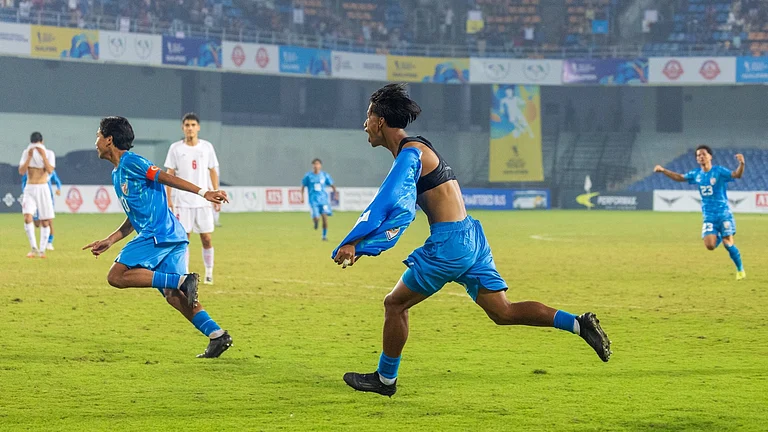 India players celebrate Gunleiba Wangheirakpam's goal against Iran in the AFC U-17 Asian Cup 2026 qualifiers in Ahmedabad. - AIFF