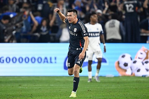 San Diego FC midfielder Hirving Lozano celebrates after scoring during the second half of an MLS Western Conference final soccer match against Vancouver Whitecaps in San Diego. 