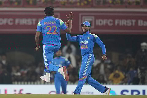 India's Harshit Rana, left , celebrates the wicket of South Africa's Ryan Rickelton during the first One Day International match between India and South Africa in Ranchi.