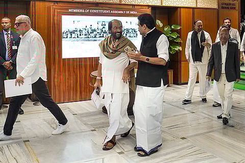 DMK MP Tiruchi Siva, TMC MP Derek O'Brien and others during the all-party meeting ahead of Parliament's winter session, in New Delhi.
