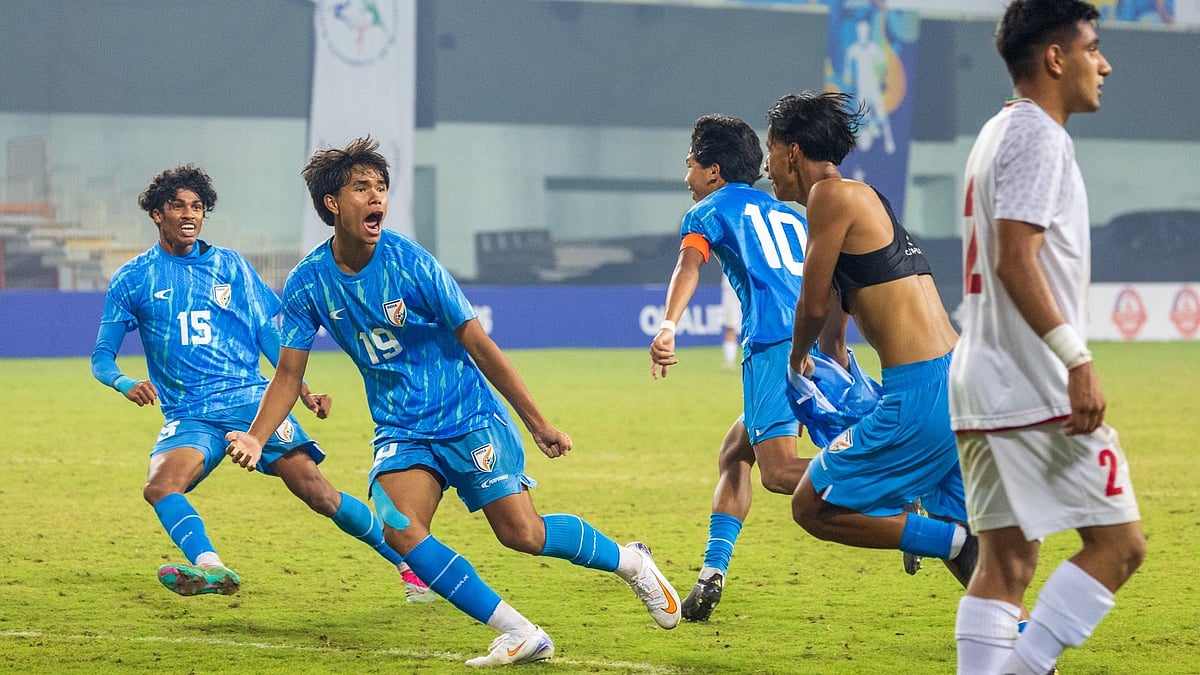 India U17's Gunleiba Wangkheirakpam celebrates after scoring his side's second goal during the AFC U17 Asian Cup qualifying match against Iran on November 30, 2025. - | Photo: X/IndianFootball