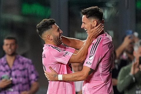 Inter Miami forward Tadeo Allende, right, celebrates with defender Jordi Alba after scoring the second goal against New York City FC during the first half of an MLS Eastern Conference final soccer match in Fort Lauderdale, Florida.