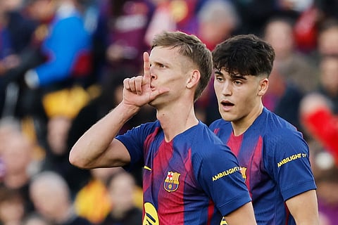 Barcelona's Dani Olmo during a Spanish La Liga soccer match between Barcelona and Alaves, in Barcelona, Spain.