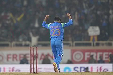 India's Kuldeep Yadav celebrates the wicket of South Africa's Marco Jansen during the first One Day International match between India and South Africa in Ranchi.