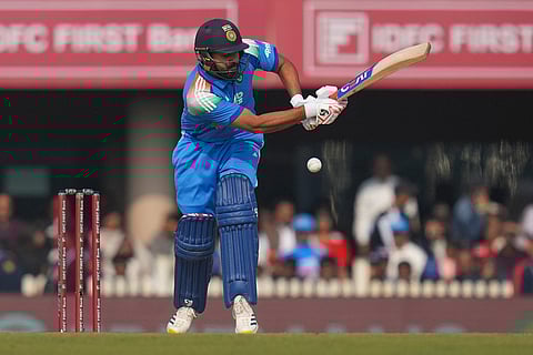 India's Rohit Sharma plays a shot during the first One Day International match between India and South Africa in Ranchi.