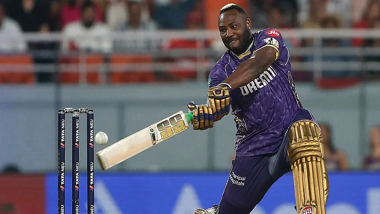 Andre Russell in action for the KKR franchise - | Photo: AP/Surjeet Yadav