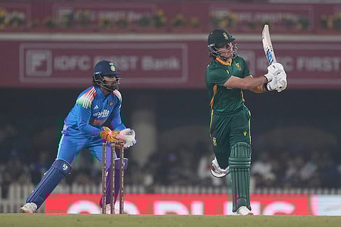 South Africa's Dewald Brevis plays a shot during the first One Day International match between India and South Africa in Ranchi.