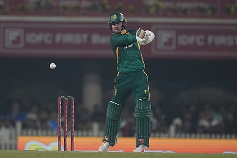 South Africa's Matthew Breetzke plays a shot during the first One Day International match between India and South Africa in Ranchi.