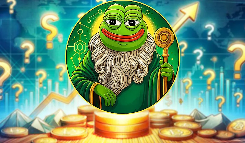 A cartoon wizard frog stands on a stack of coins in a financial setting