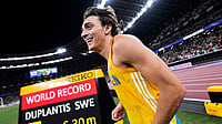 (AP Photo/Ashley Landis,File) : FILE - Sweden's Armand Duplantis is reacts after winning gold and setting a world record in the men's pole vault final at the World Athletics Championships in Tokyo, Monday, Sept. 15, 2025.