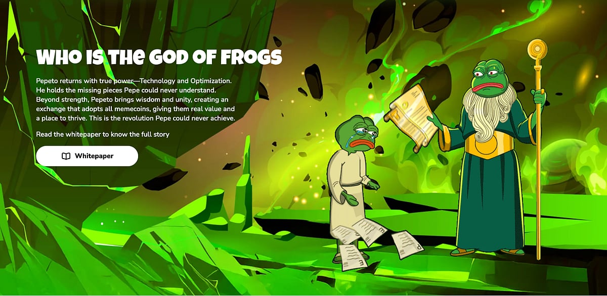 Pepe the Frog wizard and a white-suited Pepe, with text: WHO IS THE GOD OF FROGS.