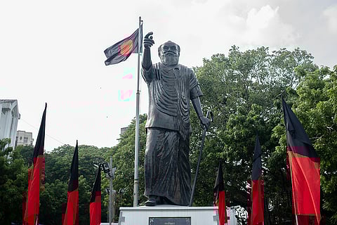 Periyar’s statue at Periyar Thidal in Chennai stands ungarlanded, not worshipped but embraced — a site where people offer not ritual devotion but affection, gratitude, and often, quiet tears. 