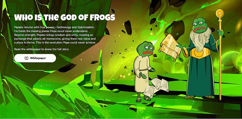 Pepe Frog wizard & a white-suited Pepe on a green background with text: WHO IS THE GOD OF FROGS