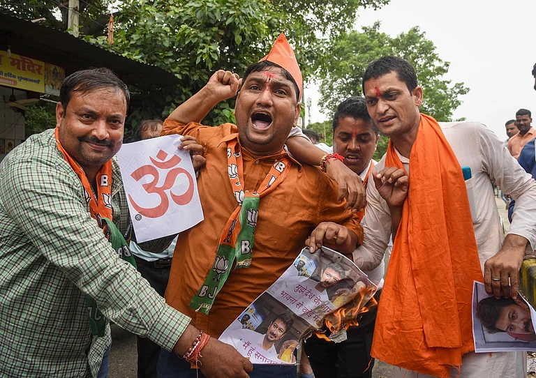 BJP activists stage a protest against Tamil Nadu Minister Udhayanidhi Stalin over his controversial remarks on 'Sanatan Dharma', in Patna - PTI-