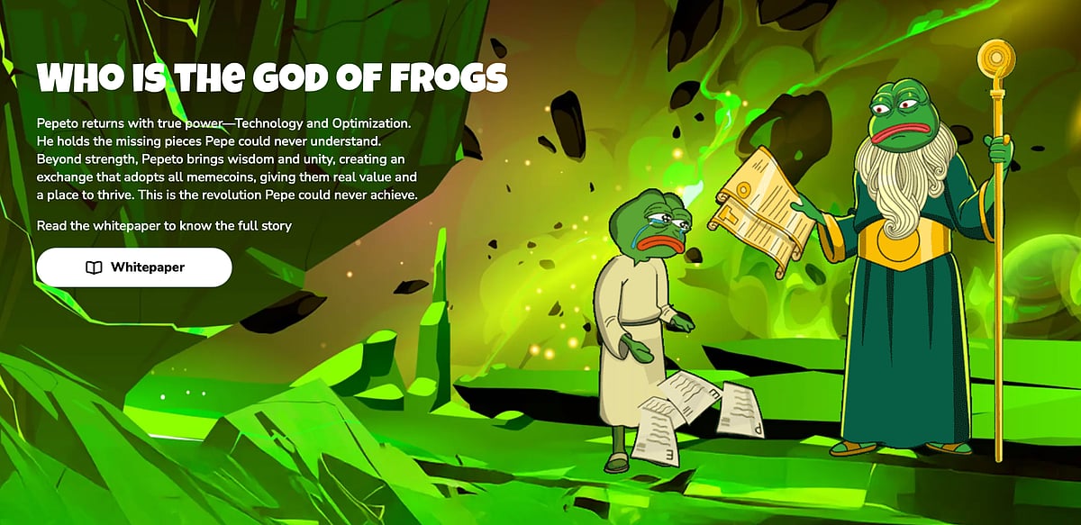 Cartoon frog characters in a green fantasy scene with text about the ‘God of Frogs.