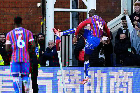 Crystal Palace's Jean-Philippe Mateta celebrates scoring during the English Premier League soccer match between Crystal Palace and Manchester United in London.