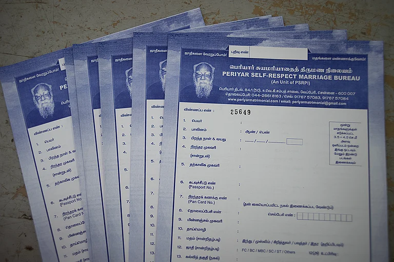 In Tamil Nadu, Periyar’s self-respect marriage movement lives far beyond echo chambers. Since 1974, the Self-Respect Marriage Bureau has helped couples opting for arranged self-respect marriages, guiding them through a simple, accessible enrolment process with this application form. - | Photo: Indira Kumar