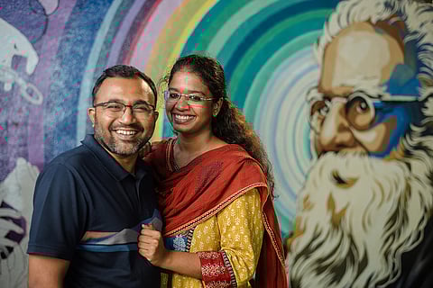 Jeyanathan Karunanidhi and his partner, Dr. Yazini PM, at Periyar Thidal — a space where love, longing, and Dravidian ideals come alive through pragmatic politics. The couple chose a self-respect marriage to affirm their relationship, rejecting traditional rituals and embracing egalitarian values.