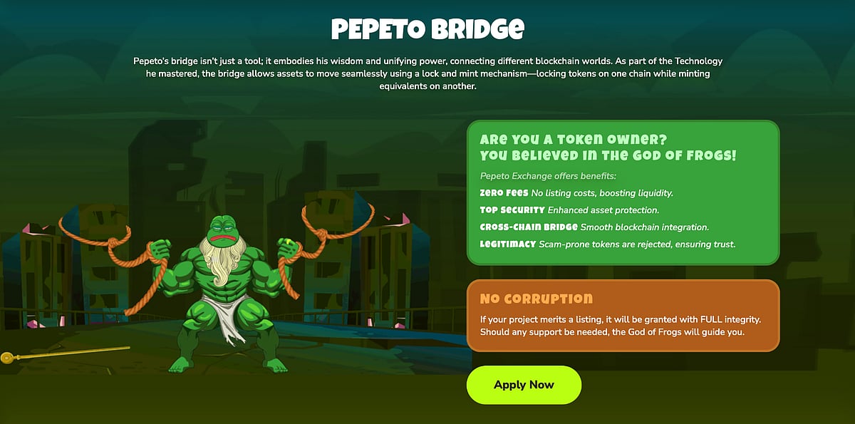 Pepeto Bridge crypto project screen with a muscular green frog character.