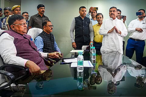 A BJP delegation led by West Bengal LoP Suvendu Adhikari meets state Chief Electoral Officer Manoj Kumar Agarwal, in Kolkata.